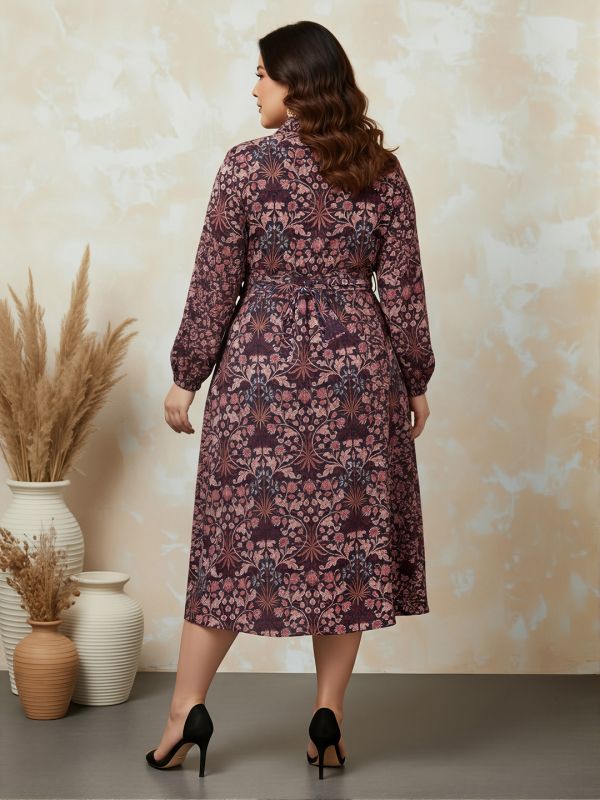 Globus Gloplus Women Brown Collared Neck Bishop Sleeves Floral Print Pleated Midi Shirt Style Plus Size Dress With Buckle Detail Belt