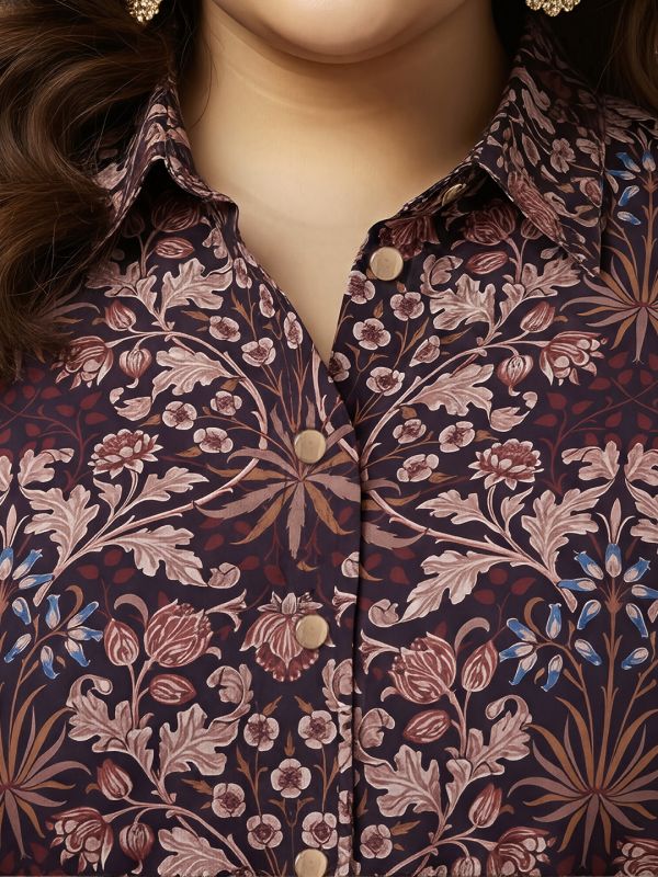 Globus Gloplus Women Brown Collared Neck Bishop Sleeves Floral Print Pleated Midi Shirt Style Plus Size Dress With Buckle Detail Belt
