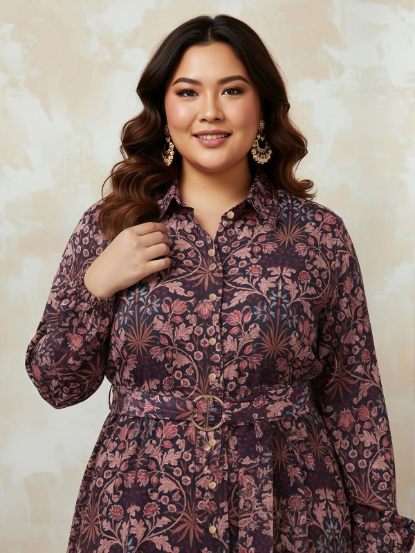 Globus Gloplus Women Brown Collared Neck Bishop Sleeves Floral Print Pleated Midi Shirt Style Plus Size Dress With Buckle Detail Belt