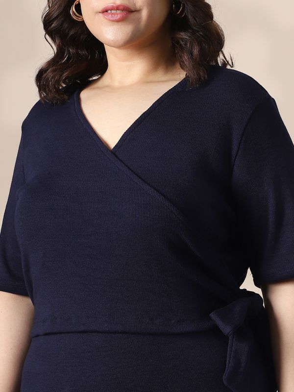 Globus Gloplus Women Navy Blue Wrap V-Neck Waist Tie-Ups Ribbed Plus Size Midi Sheath Dress
