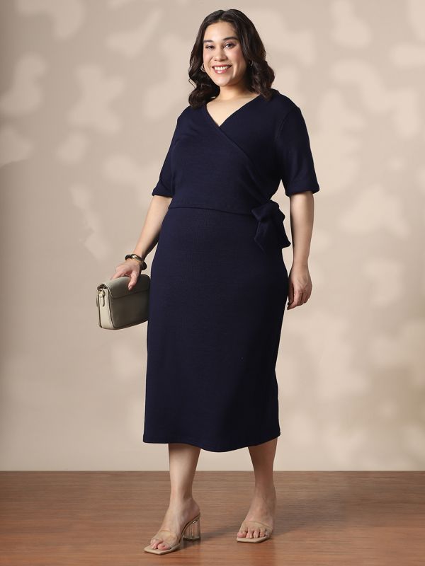 Globus Gloplus Women Navy Blue Wrap V-Neck Waist Tie-Ups Ribbed Plus Size Midi Sheath Dress