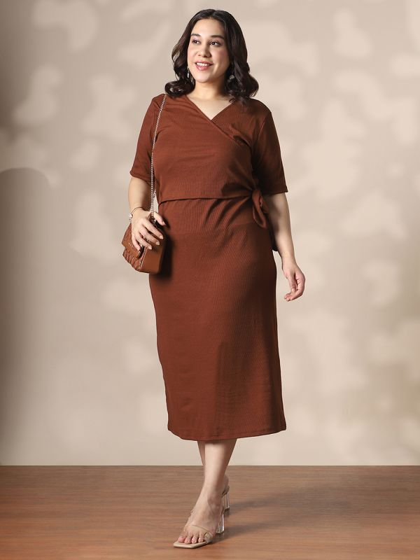 Globus Gloplus Women Brown Wrap V-Neck Waist Tie-Ups Ribbed Plus Size Midi Sheath Dress
