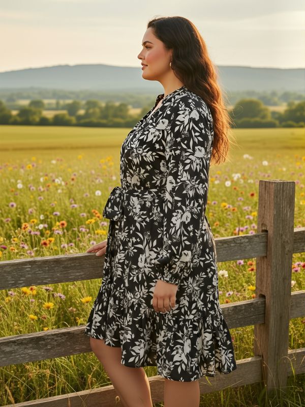 Globus Gloplus Women Black Mandarin Collar Bishop Sleeves Floral Print Pleated Tiered Mini Plus Size Shirt Style Dress With Belt