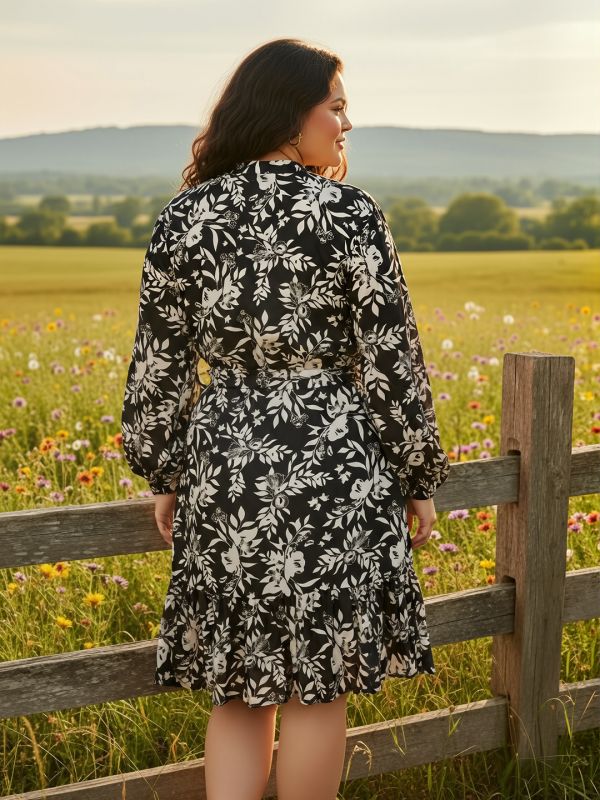 Globus Gloplus Women Black Mandarin Collar Bishop Sleeves Floral Print Pleated Tiered Mini Plus Size Shirt Style Dress With Belt