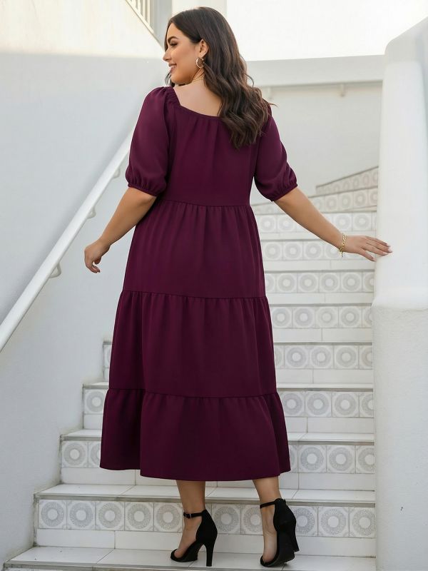 Globus Gloplus Women Burgundy Sweetheart Neck Puff Sleeves Self Design Ruched Detail Tiered Midi Plus Size A-Line Dress