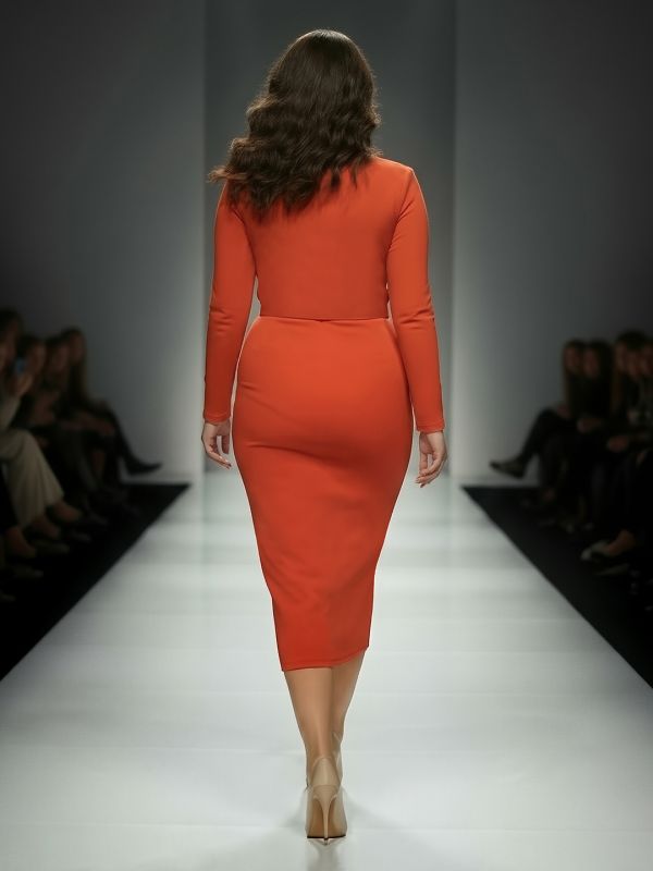 Globus Gloplus Women Rust Square Neck Full Sleeves Belted Side Slit Plus Size Midi Bodycon Dress