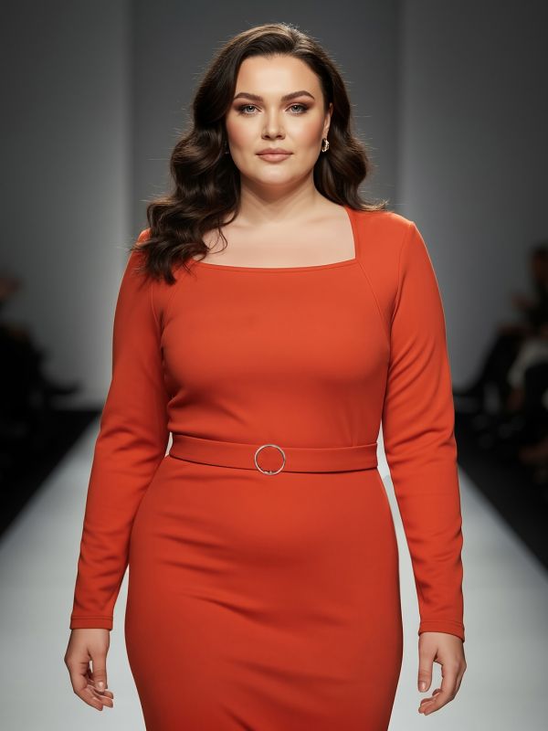Globus Gloplus Women Rust Square Neck Full Sleeves Belted Side Slit Plus Size Midi Bodycon Dress