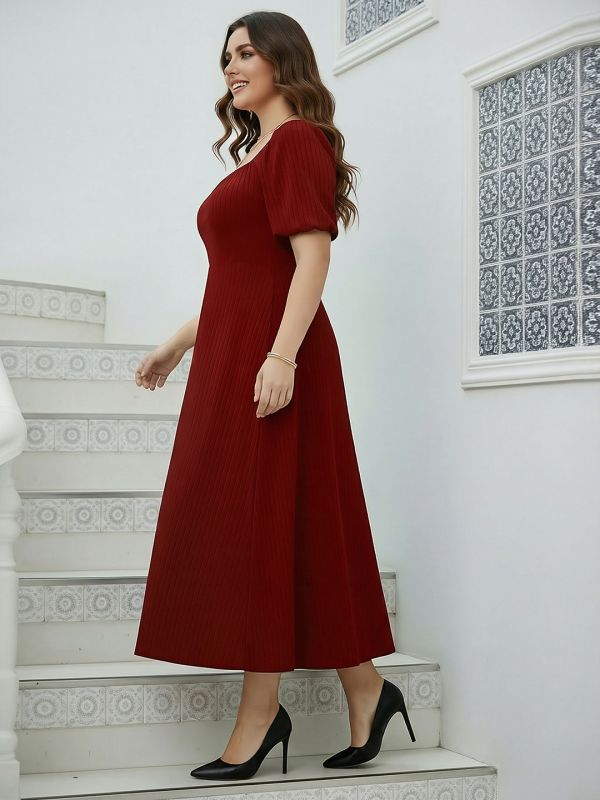 Globus Gloplus Women Maroon Square Neck Puff Sleeves Self Design Smocked Plus Size Fit & Flare Midi Dress