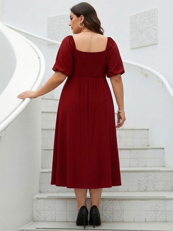 Globus Gloplus Women Maroon Square Neck Puff Sleeves Self Design Smocked Plus Size Fit & Flare Midi Dress