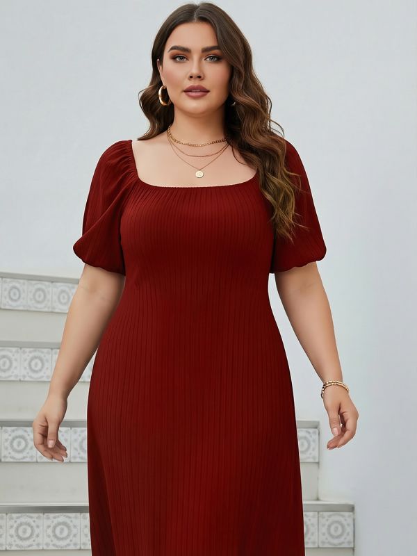 Globus Gloplus Women Maroon Square Neck Puff Sleeves Self Design Smocked Plus Size Fit & Flare Midi Dress