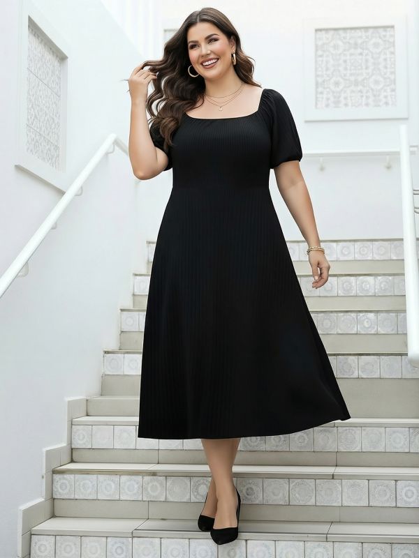 Globus Gloplus Women Black Square Neck Puff Sleeves Self Design Smocked Plus Size Fit & Flare Midi Dress