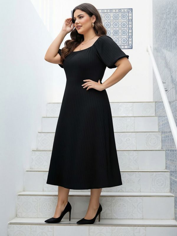 Globus Gloplus Women Black Square Neck Puff Sleeves Self Design Smocked Plus Size Fit & Flare Midi Dress