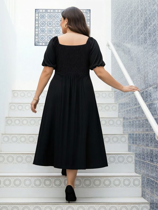 Globus Gloplus Women Black Square Neck Puff Sleeves Self Design Smocked Plus Size Fit & Flare Midi Dress