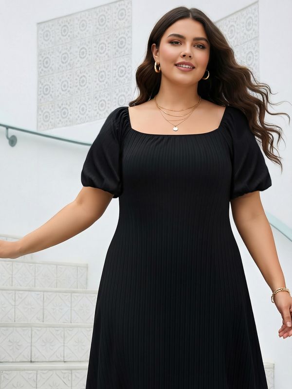Globus Gloplus Women Black Square Neck Puff Sleeves Self Design Smocked Plus Size Fit & Flare Midi Dress