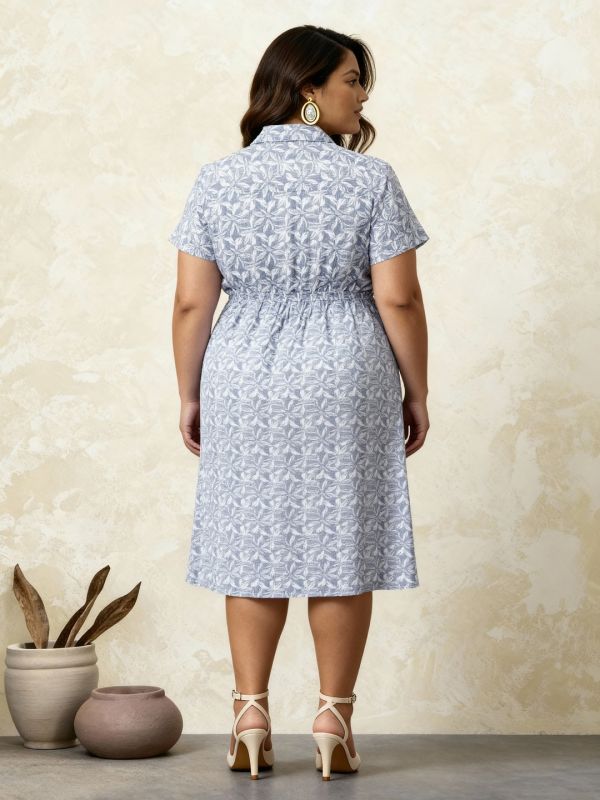 Globus Gloplus Women Blue Collared Neck Striped Pleated Midi Fit & Flare Shirt Style Plus Size Dress