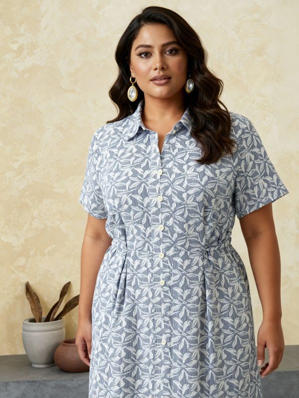 Globus Gloplus Women Blue Collared Neck Striped Pleated Midi Fit & Flare Shirt Style Plus Size Dress