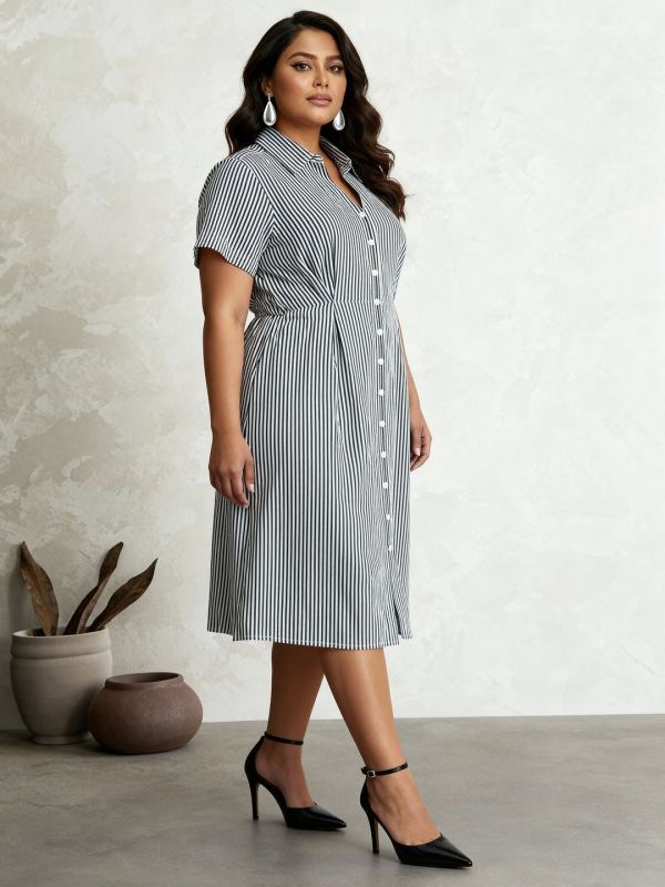 Globus Gloplus Women Black Collared Neck Striped Pleated Midi Workwear Fit & Flare Shirt Style Dress