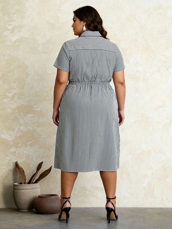 Globus Gloplus Women Black Collared Neck Striped Pleated Midi Workwear Fit & Flare Shirt Style Dress