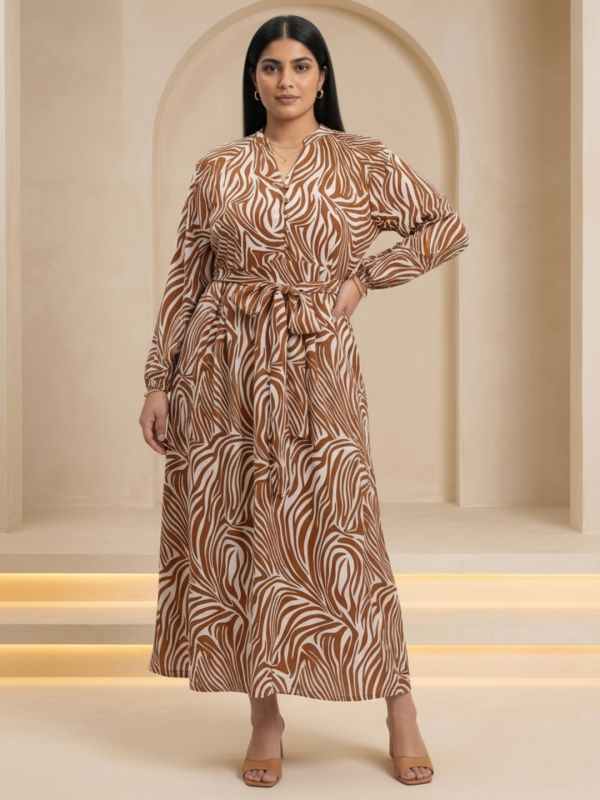 Globus Gloplus Women Brown Abstract Print Mandrin Collar Raglan Sleeves Belted Detail Fit & Flare Plus Size Maxi Dress