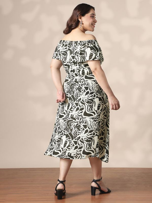 Globus Gloplus Women Black & White Abstract Print Off-Shoulder Fit & Flare Plus Size Midi Dress