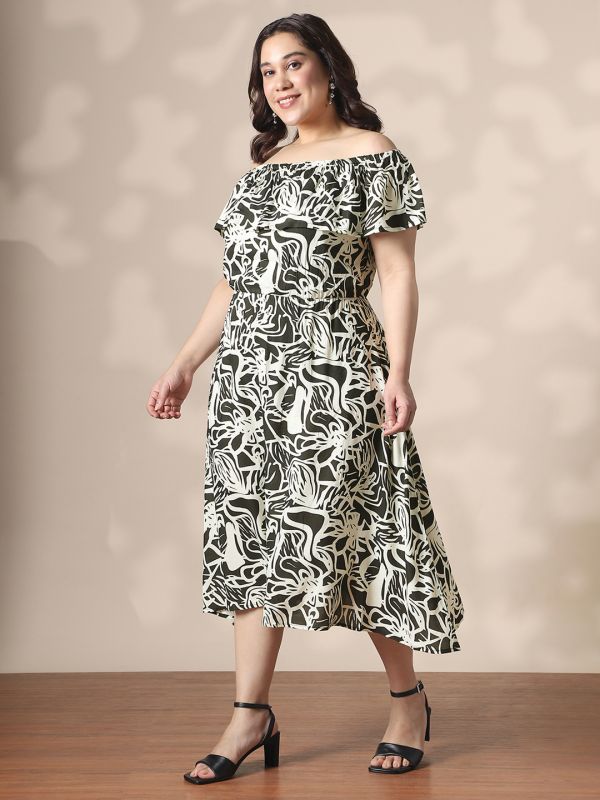 Globus Gloplus Women Black & White Abstract Print Off-Shoulder Fit & Flare Plus Size Midi Dress