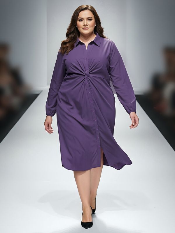 Globus Gloplus Women Purple Collared Neck Bishop Sleeves Solid Twist Knot Detail Curved Hem Midi Plus Size Workwear Shirt Style Dress