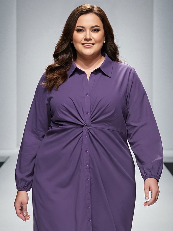 Globus Gloplus Women Purple Collared Neck Bishop Sleeves Solid Twist Knot Detail Curved Hem Midi Plus Size Workwear Shirt Style Dress
