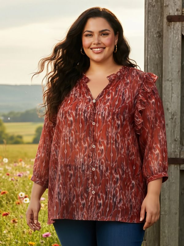 Globus Gloplus Women Red V-Neck Puff Sleeves Abstract Print Ruffle Detail Plus Size Shirt