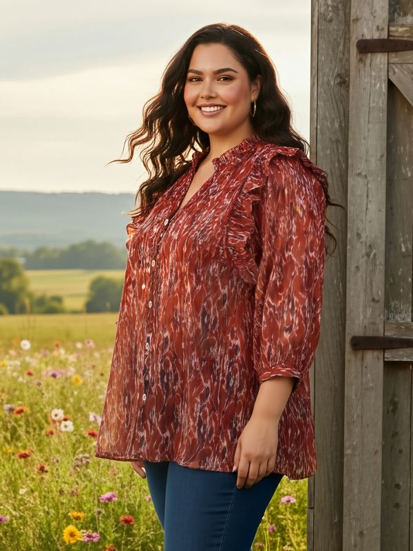 Globus Gloplus Women Red V-Neck Puff Sleeves Abstract Print Ruffle Detail Plus Size Shirt
