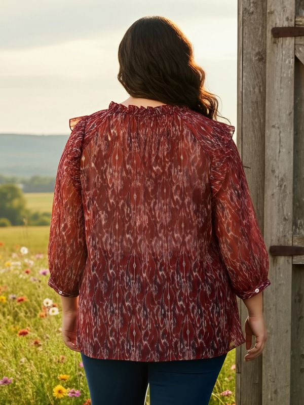 Globus Gloplus Women Red V-Neck Puff Sleeves Abstract Print Ruffle Detail Plus Size Shirt