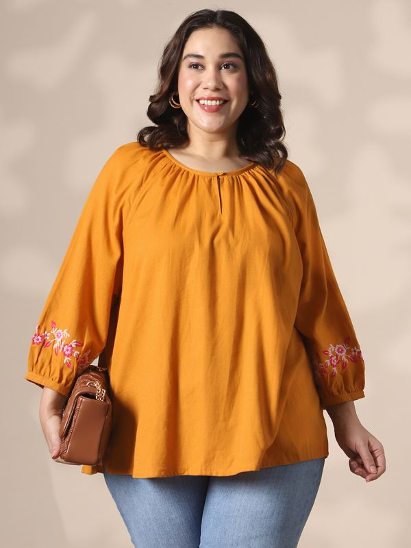Globus Gloplus Mustard Keyhole Detail Round Neck Floral Embroidered Raglan Sleeves Plus Size Top
