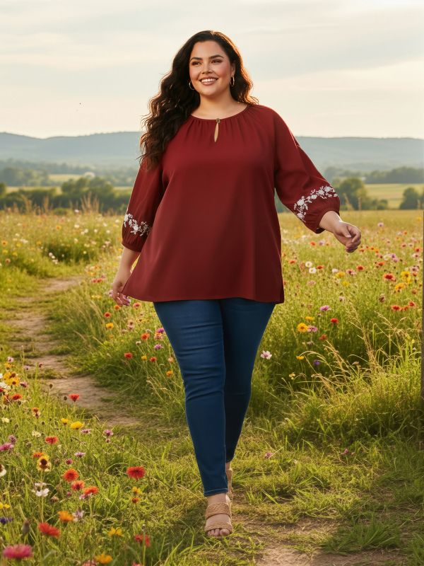 Globus Gloplus Women Maroon Keyhole Detail Round Neck Floral Embroidered Raglan Sleeves Plus Size Top