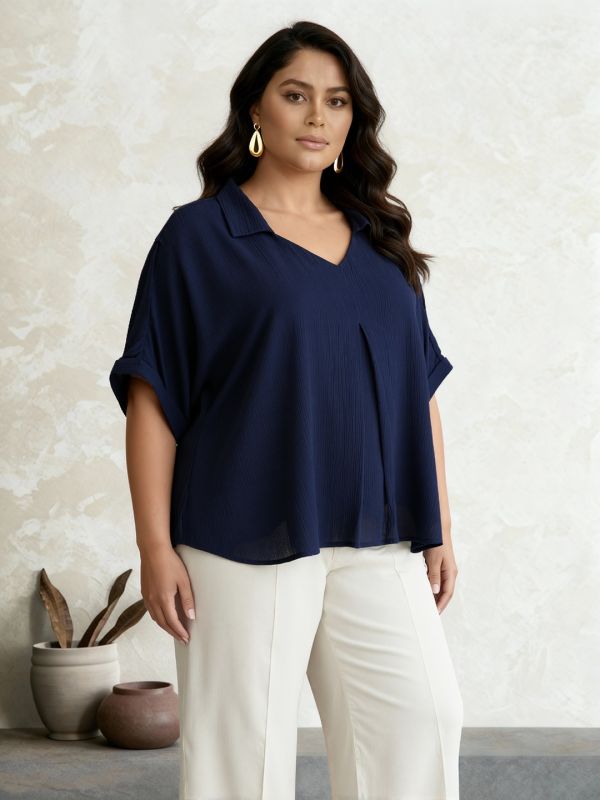 Globus Gloplus Women Blue Collared V-Neck Extended Sleeves Self Design Plus Size Top