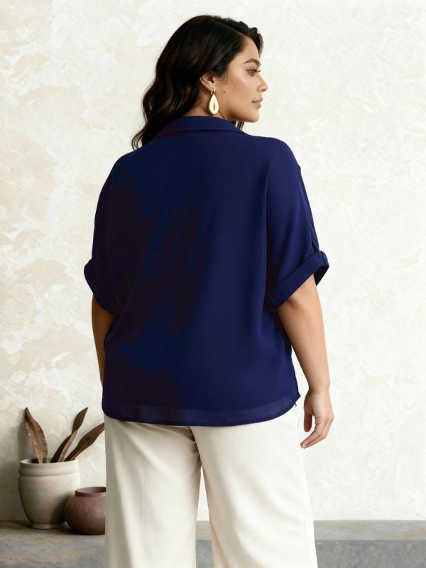 Globus Gloplus Women Blue Collared V-Neck Extended Sleeves Self Design Plus Size Top