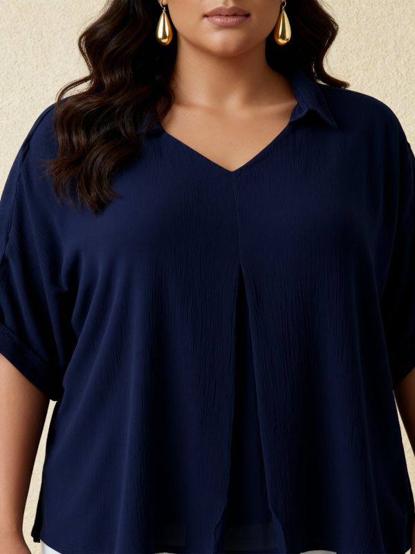 Globus Gloplus Women Blue Collared V-Neck Extended Sleeves Self Design Plus Size Top