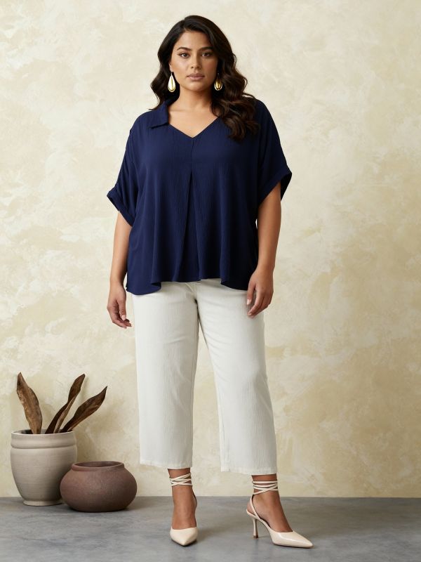 Globus Gloplus Women Blue Collared V-Neck Extended Sleeves Self Design Plus Size Top