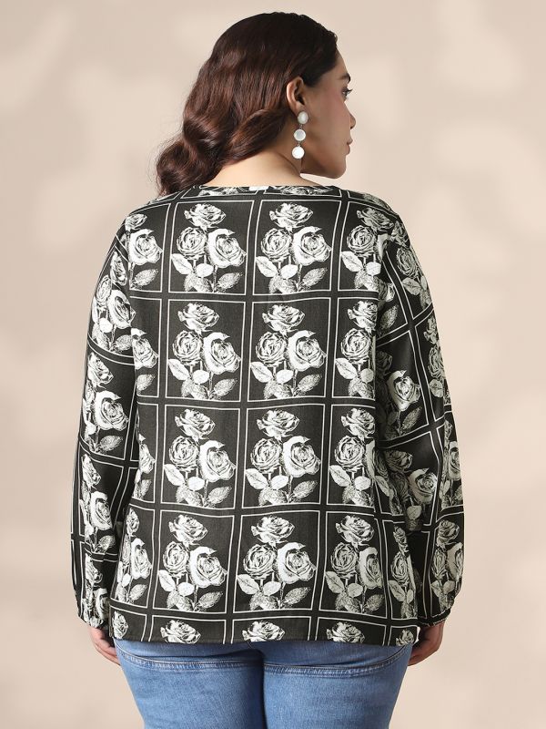 Globus Gloplus Women Black Keyhole Neck Bishop Sleeves Floral Print Plus Size Top