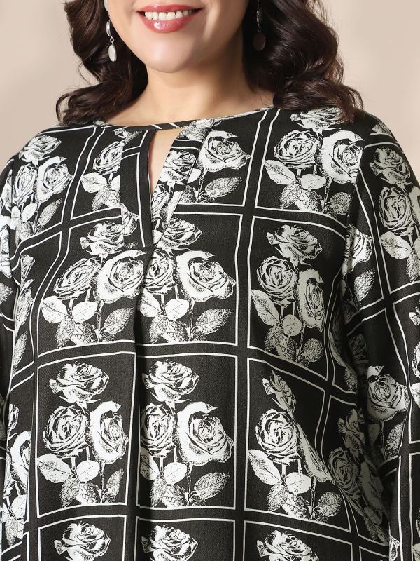 Globus Gloplus Women Black Keyhole Neck Bishop Sleeves Floral Print Plus Size Top