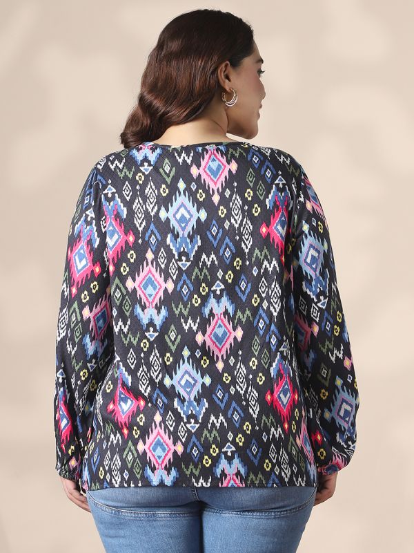 Globus Gloplus Women Multicolor Keyhole Neck Bishop Sleeves Self Design Ikat Print Plus Size Top