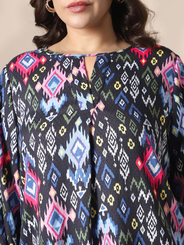Globus Gloplus Women Multicolor Keyhole Neck Bishop Sleeves Self Design Ikat Print Plus Size Top