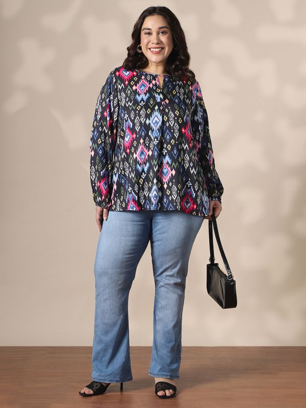 Globus Gloplus Women Multicolor Keyhole Neck Bishop Sleeves Self Design Ikat Print Plus Size Top