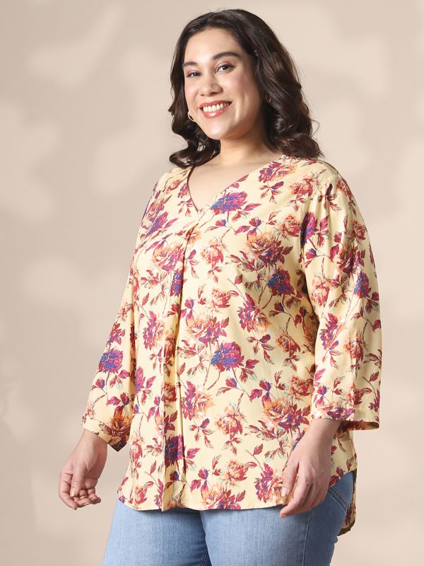 Globus Gloplus Women Cream V-Neck Floral Print Curved Hem Plus Size Top