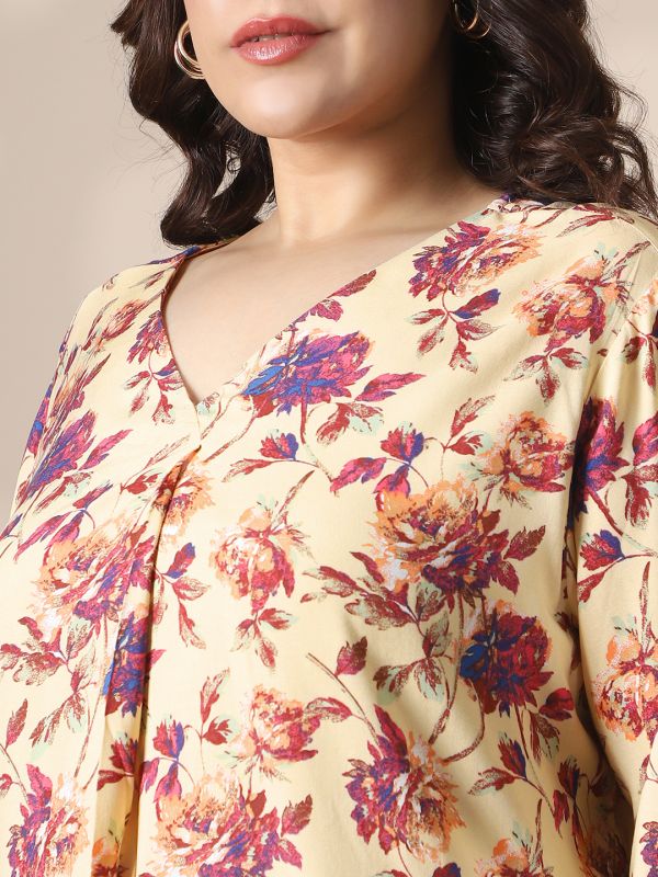 Globus Gloplus Women Cream V-Neck Floral Print Curved Hem Plus Size Top