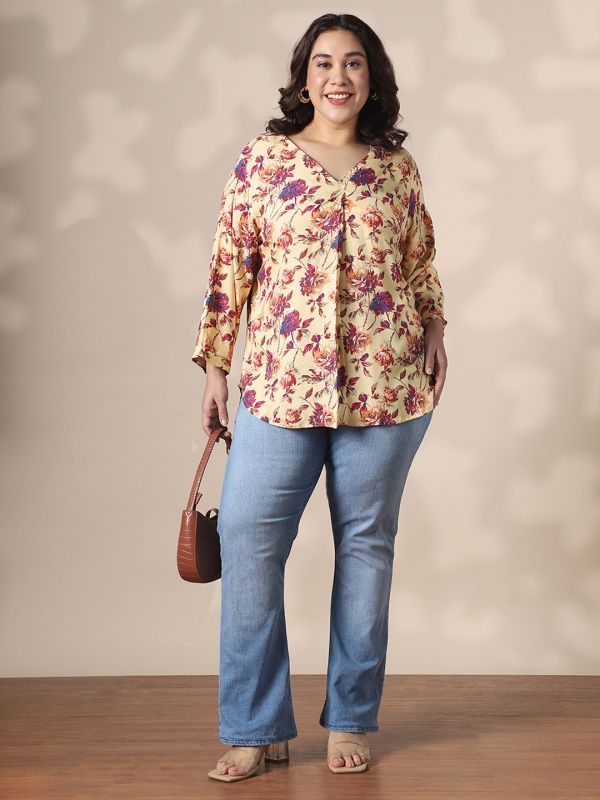 Globus Gloplus Women Cream V-Neck Floral Print Curved Hem Plus Size Top