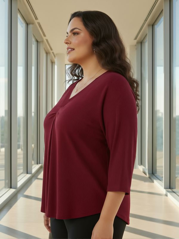Globus Gloplus Women Maroon V-Neck Self Design Curved Hem Plus Size Workwear Top