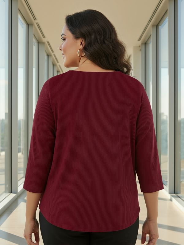 Globus Gloplus Women Maroon V-Neck Self Design Curved Hem Plus Size Workwear Top