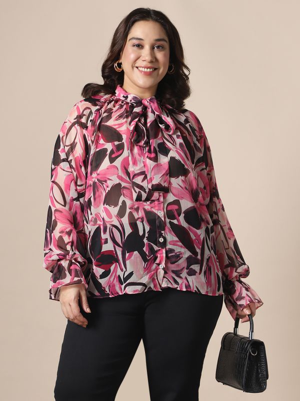 Globus Gloplus Women Pink Tie-Up Neck Raglan Sleeves Floral Print Georgette Plus Size Shirt Style Top
