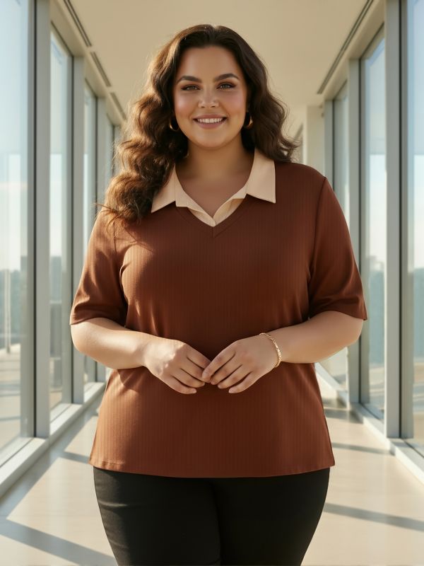 Globus Gloplus Women Brown Collared Neck Short Sleeves Ribbed Plus Size Workwear Top