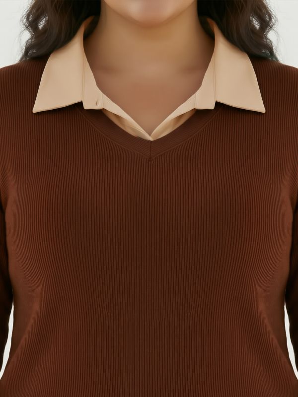 Globus Gloplus Women Brown Collared Neck Short Sleeves Ribbed Plus Size Workwear Top