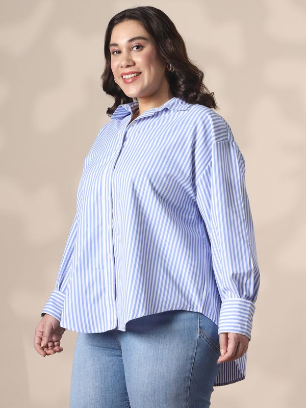 Globus Gloplus Women Blue Collared Neck Cuffed Sleeves Striped Curved Hemline Oversize Workwear Plus Size Shirt